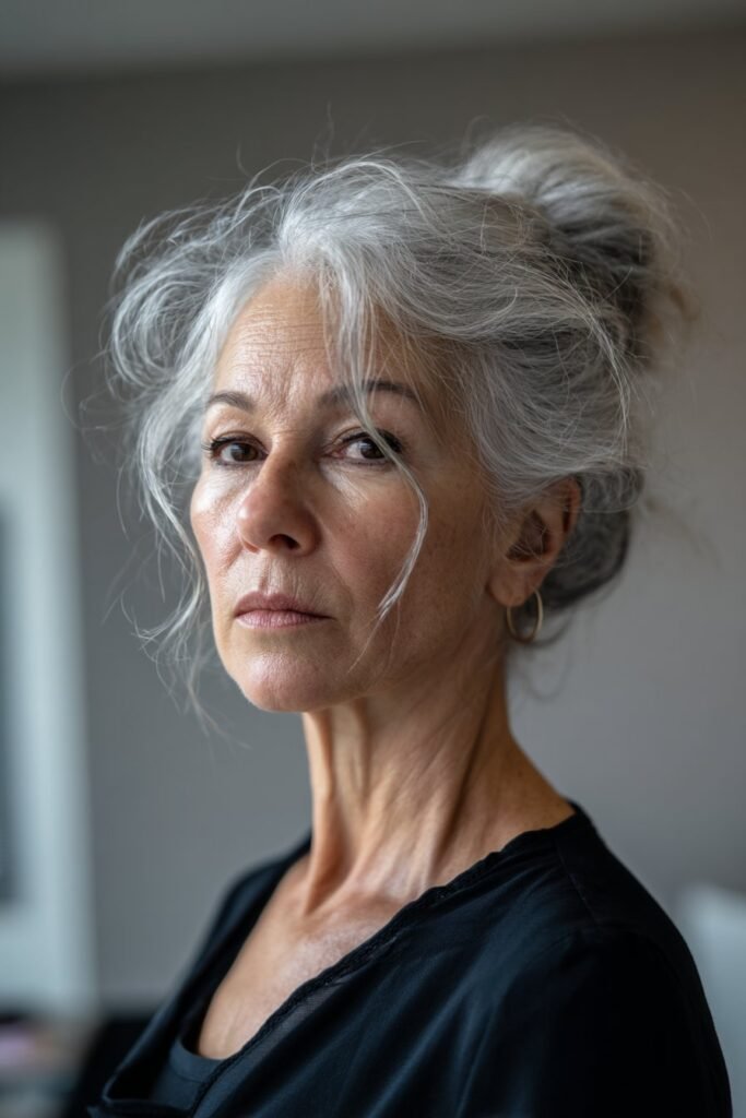 Textured gray updo on older woman with soft pinned volume