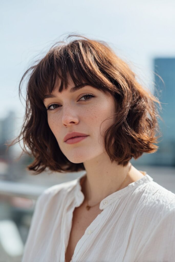 woman with textured lob and baby bangs