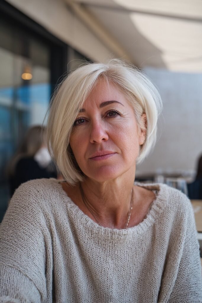 Woman over 50 with angled bob shorter in back and longer front.