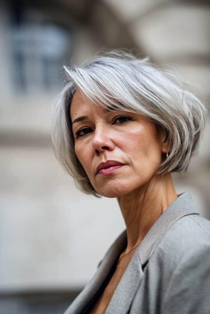Woman over 50 with asymmetrical bob for thick hair.