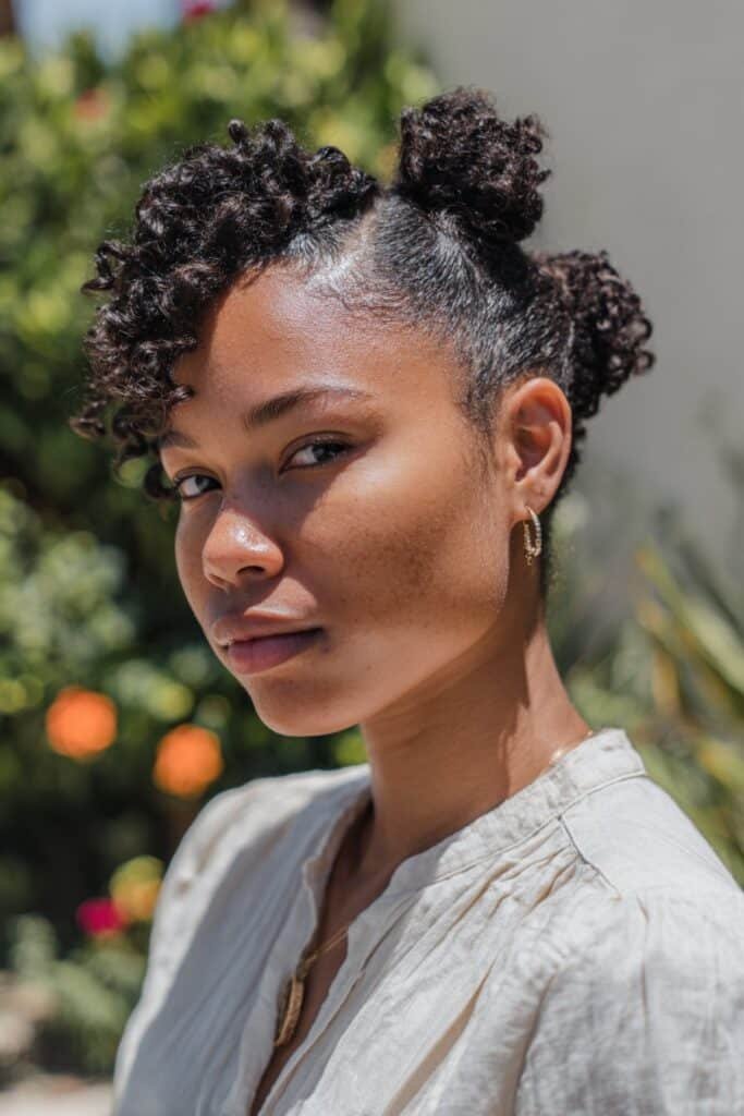 Black woman with bantu knot out on short hair.