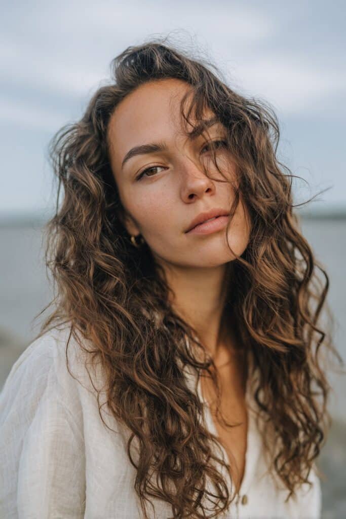 Beach wave layered haircut for wavy hair with relaxed coastal style
