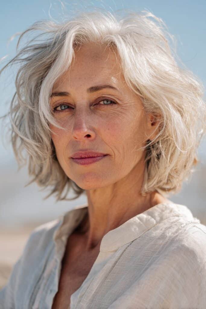 Woman over 50 with beachy wave shag, medium shag haircut for women over 50.