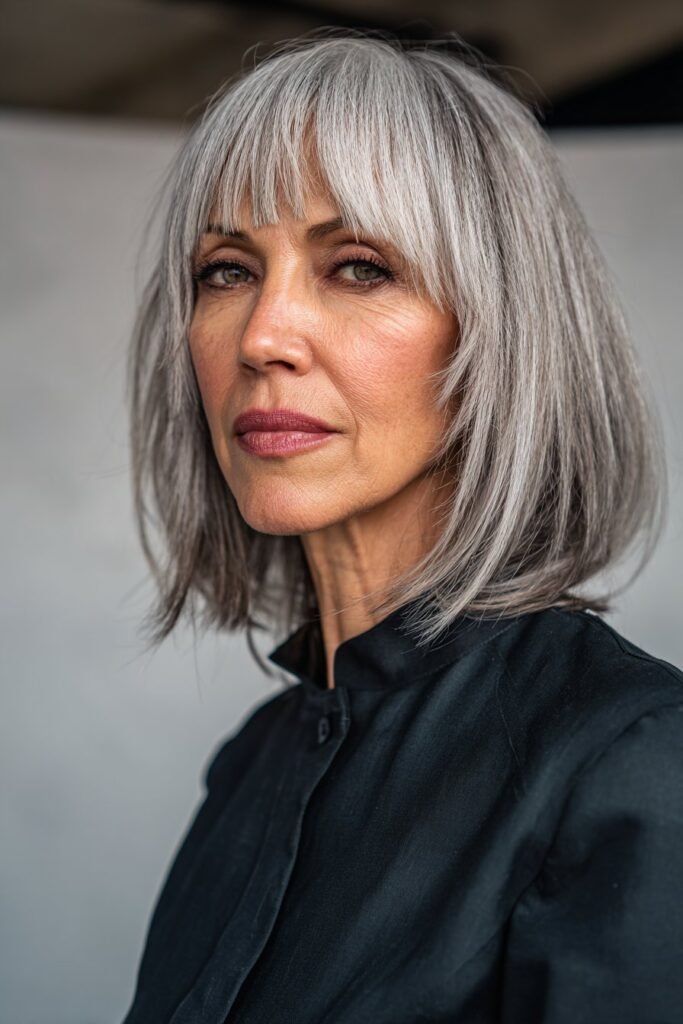 Woman over 50 with medium shag and bold blunt bangs.