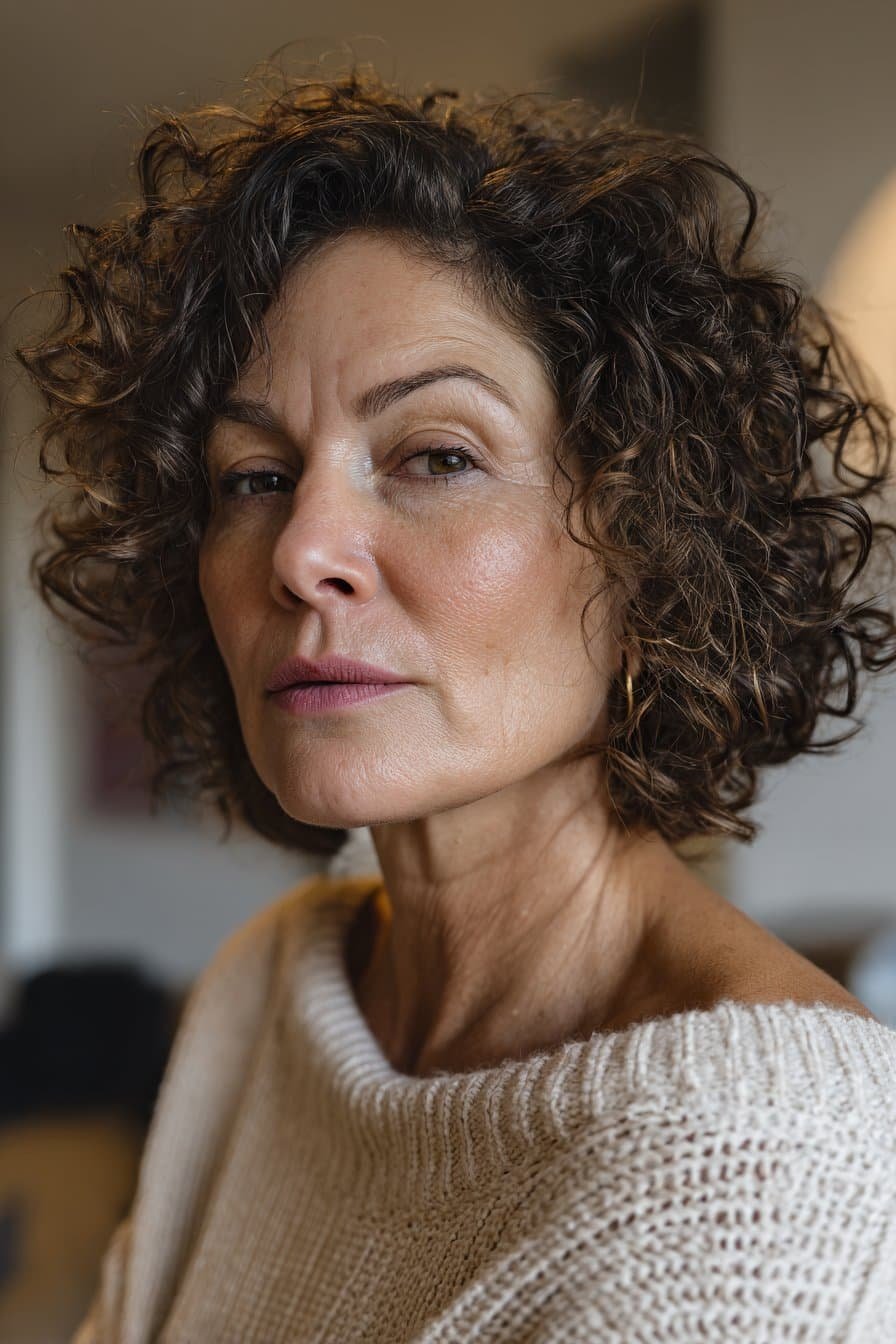 older woman with neck-length curly hair, bouncy soft curls, natural shine, chest-length portrait