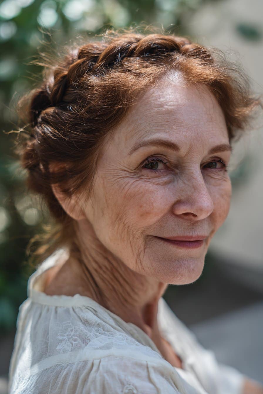 woman over 70 with braided crown hairstyle