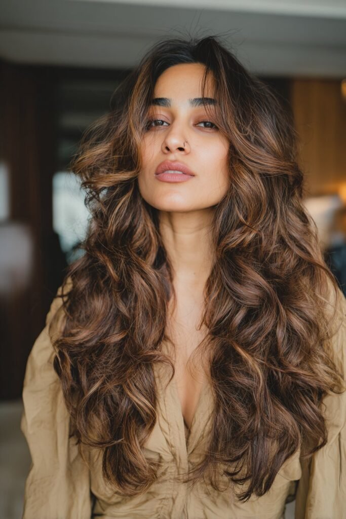 Long cascading layered haircut for wavy hair with flowing texture