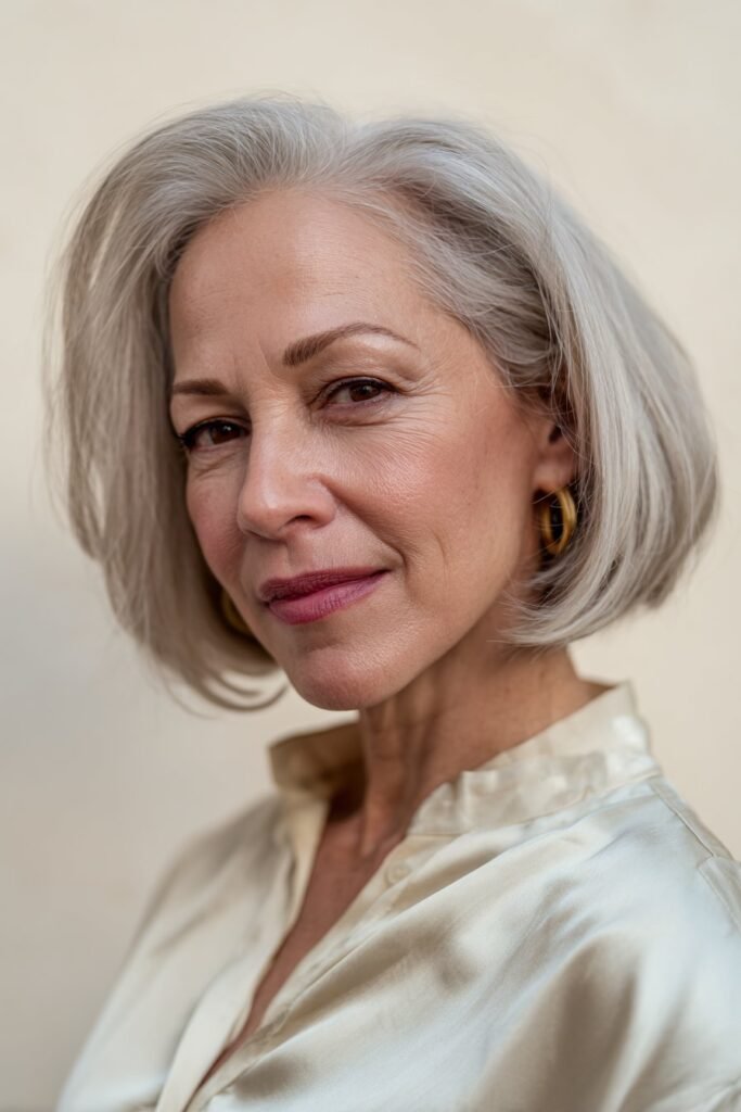 Woman over 50 with chin-length bob framing the jawline.