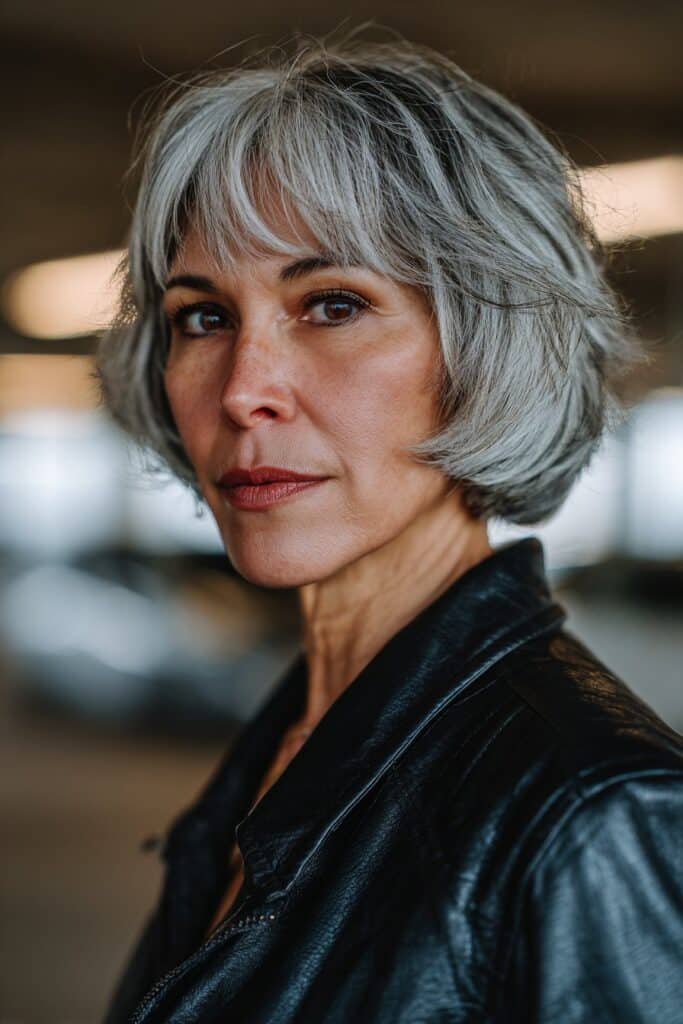 Woman over 50 with choppy textured bob for thick hair.