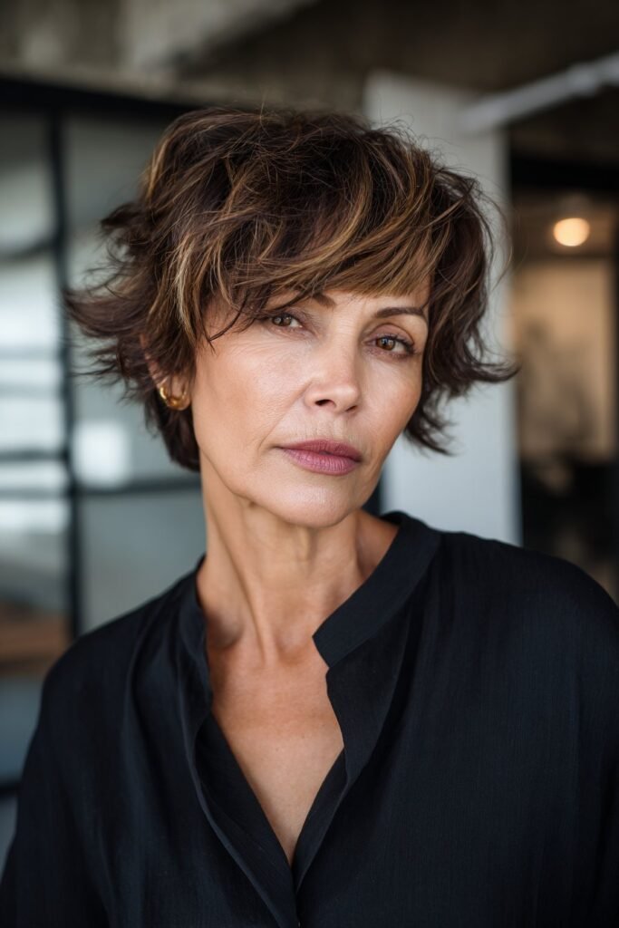 Woman over 50 wearing choppy medium shag with textured movement.