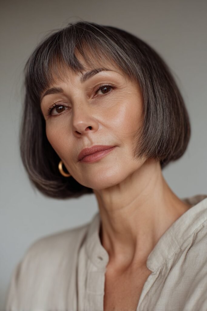 Woman over 50 with classic blunt bob for thick hair.