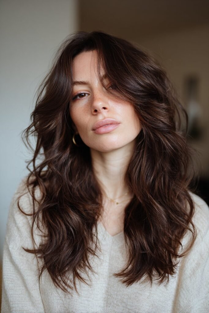 Classic long layered haircut for wavy hair with soft flowing layers