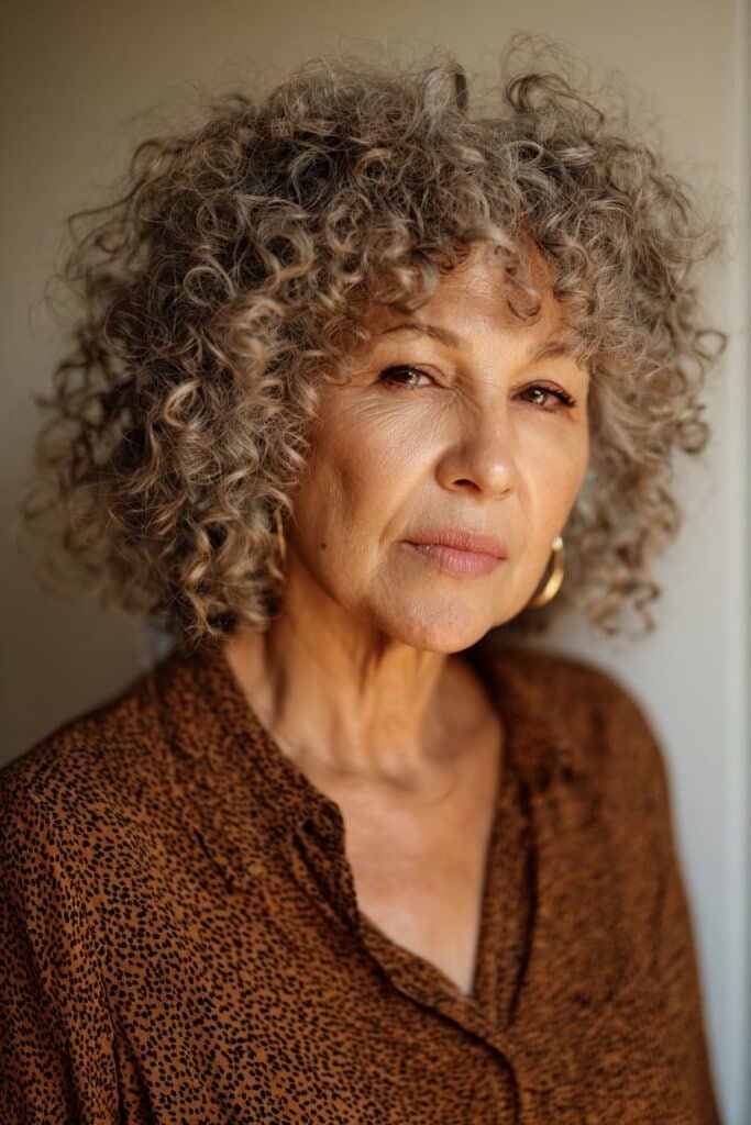 older woman with coily crown cut, defined coils at top, lifted shape, chest-length portrait