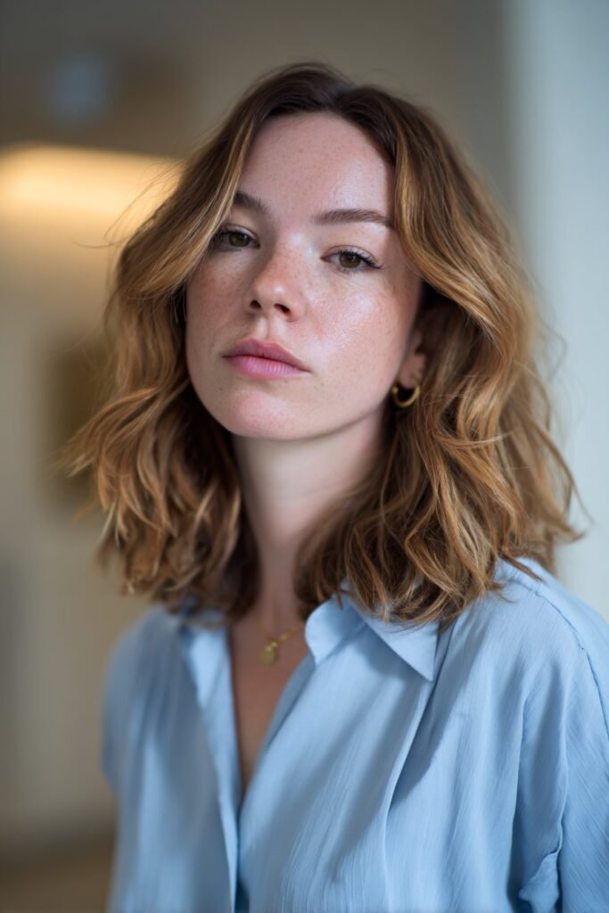 Collarbone length layered haircut with natural soft waves
