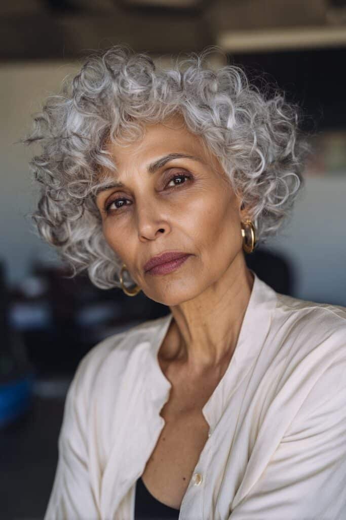 older woman with curly asymmetrical haircut, uneven length, modern curls, chest-length portrait