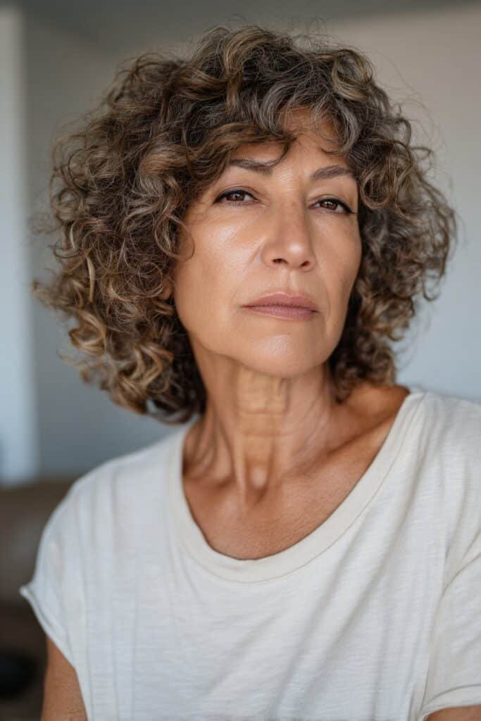 older woman with curly lob hairstyle, shoulder-length curls, soft layers, chest-length portrait