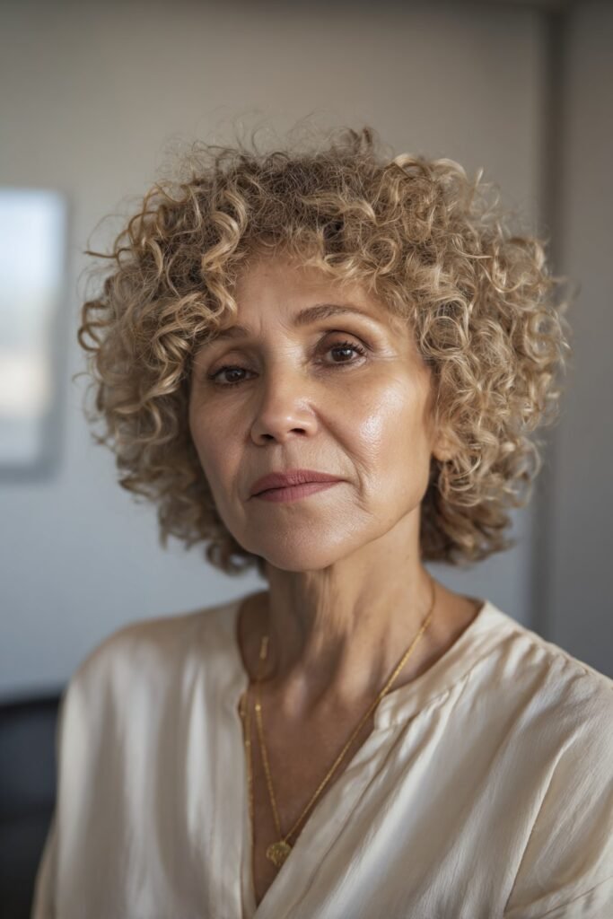 older woman with curly pixie cut, short defined curls, soft texture, chest-length portrait