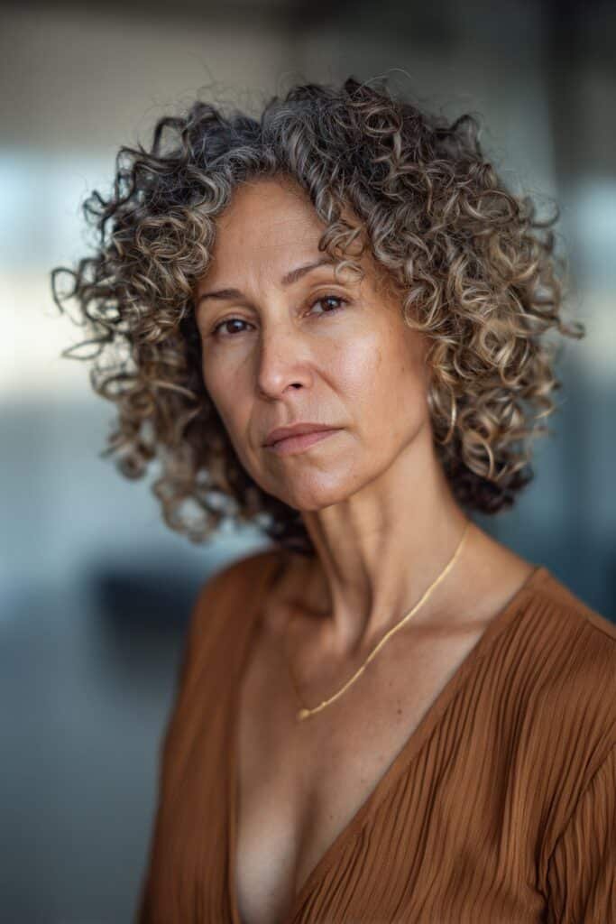 older woman with curly shag haircut, layered curls, light volume, chest-length portrait