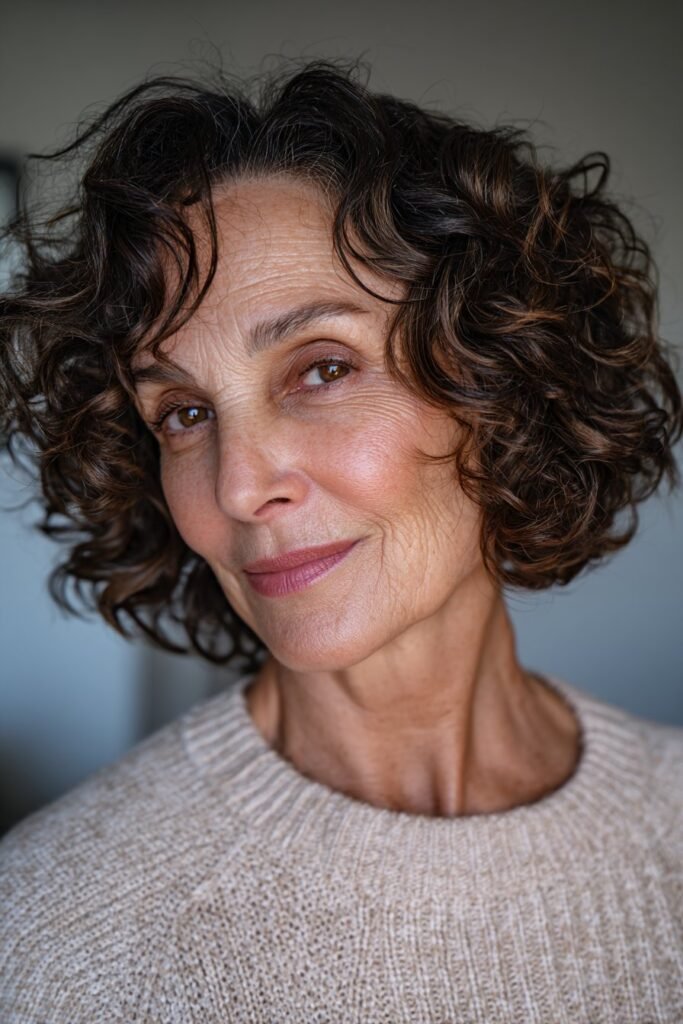 Woman over 50 wearing a curly shag with defined shoulder-length layers.