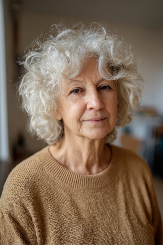 woman over 70 with curly silver bob