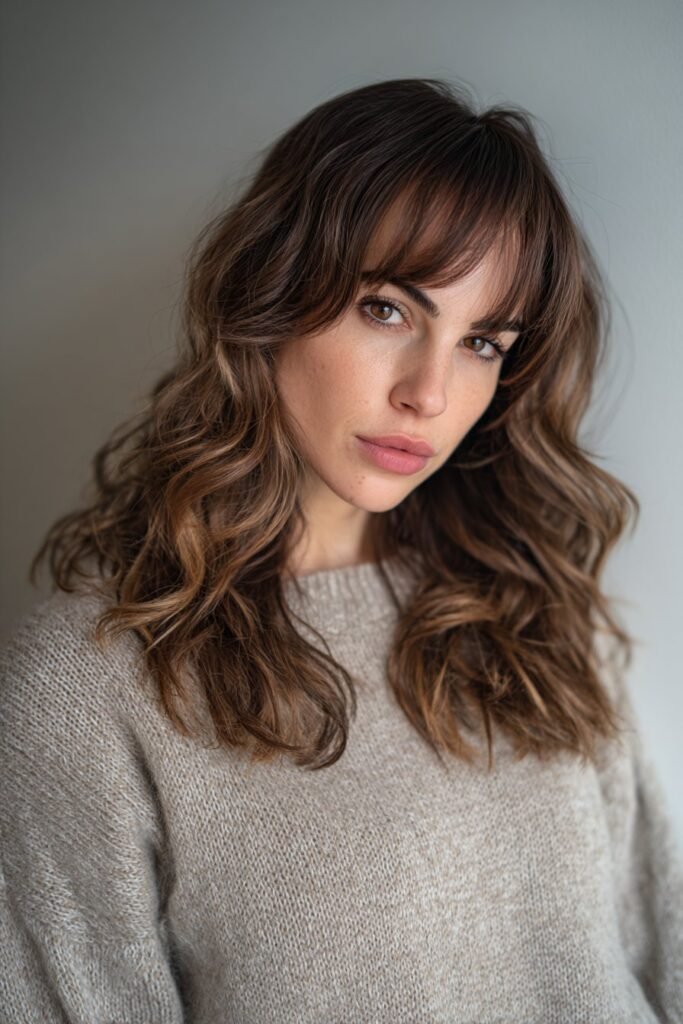 Layered haircut for wavy hair with soft curtain bangs