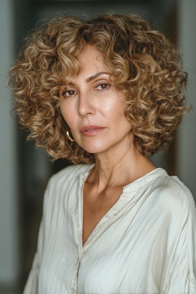 older woman with defined ringlet curls, structured shape, glossy finish, chest-length portrait