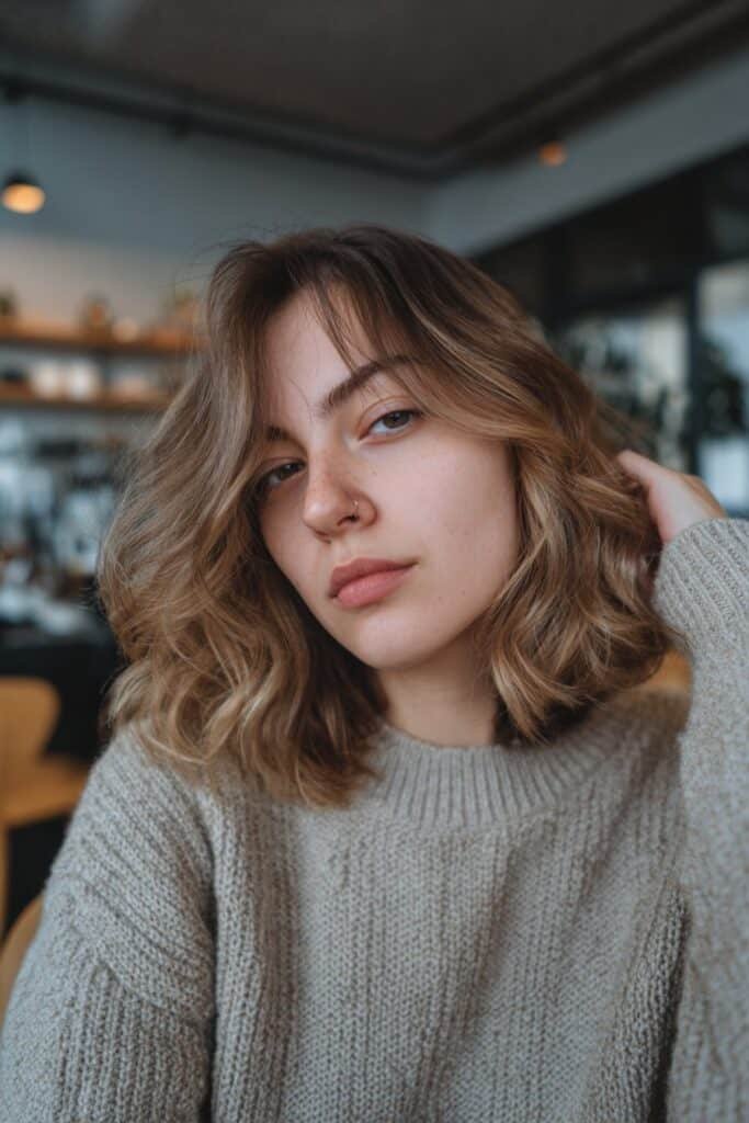 Woman with face-framing layered haircut enhancing natural wavy hair