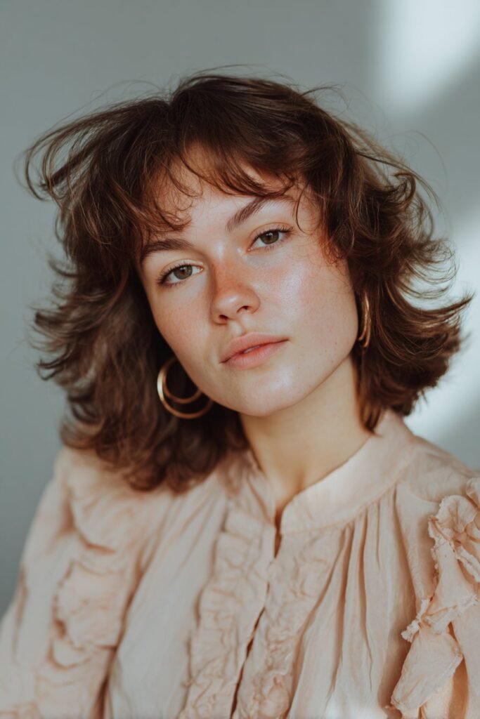 Feathered layered haircut creating soft airy waves