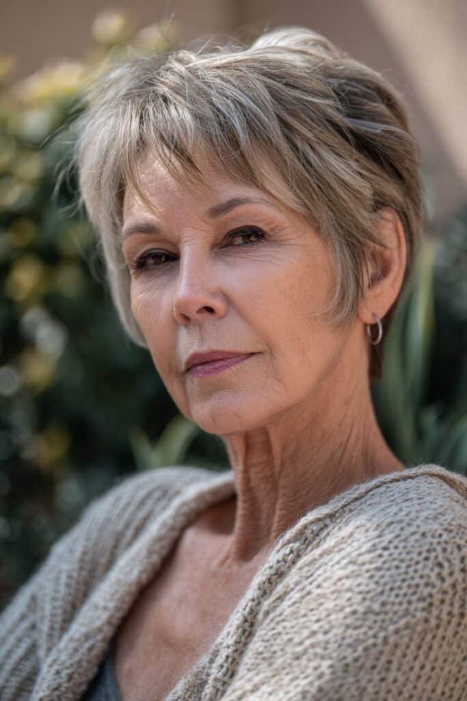 woman over 60 with feathered shag hairstyle