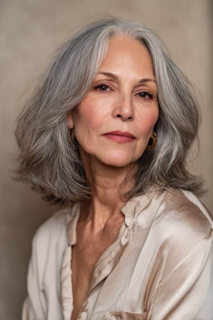 Woman over 50 wearing feathered shag with airy shoulder-length layers.