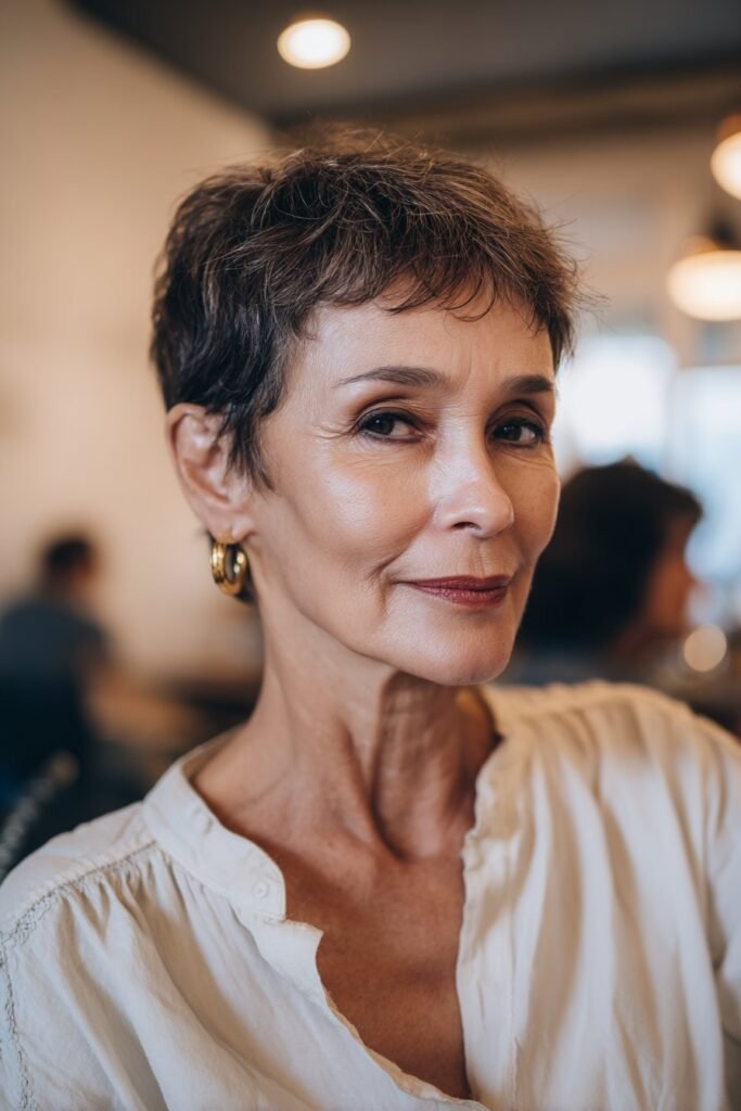 French-inspired crop short haircut with soft fringe and natural texture
