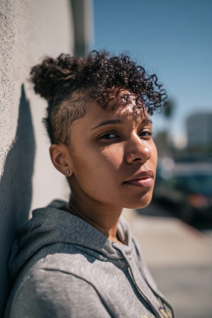 Black woman with frohawk and natural curls.