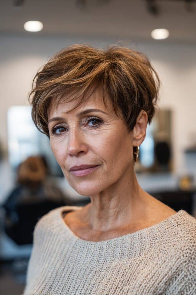 Woman over 50 with layered bob adding volume to thick hair.