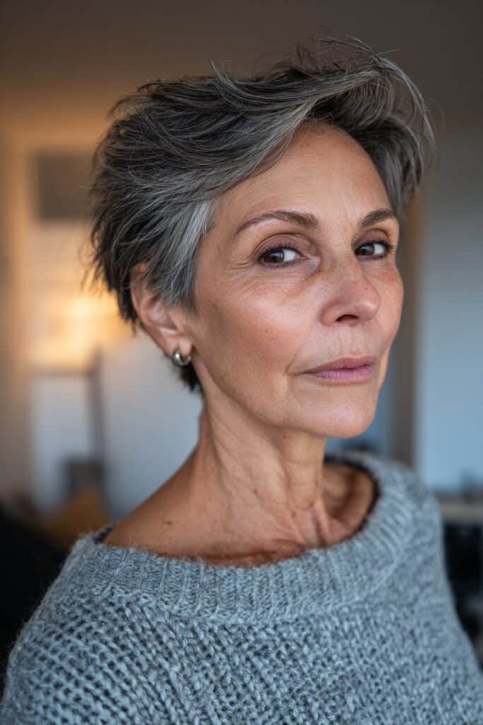 woman over 60 with layered grown out pixie