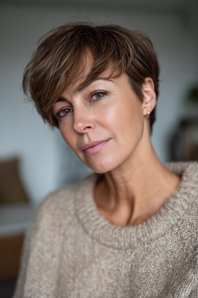 Layered pixie haircut with wispy fringe framing the forehead