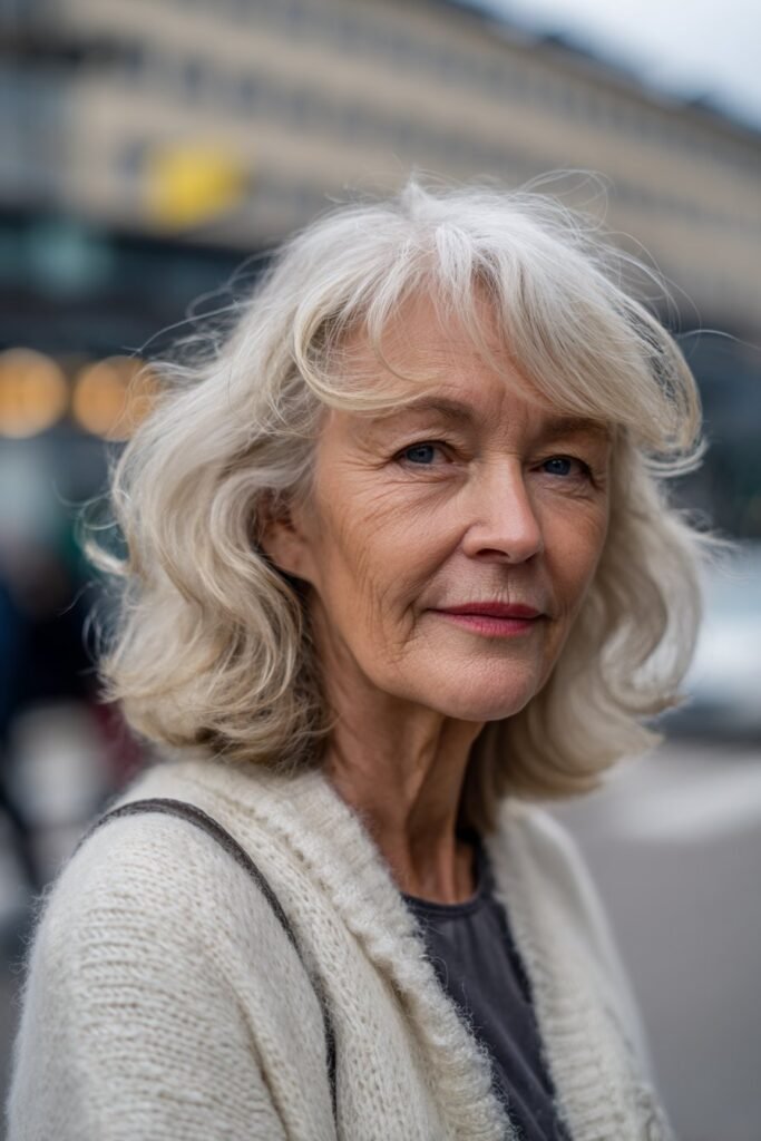 woman over 70 with highlighted lob haircut