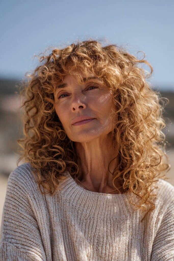 older woman with long layered curls, natural movement, soft volume, chest-length portrait