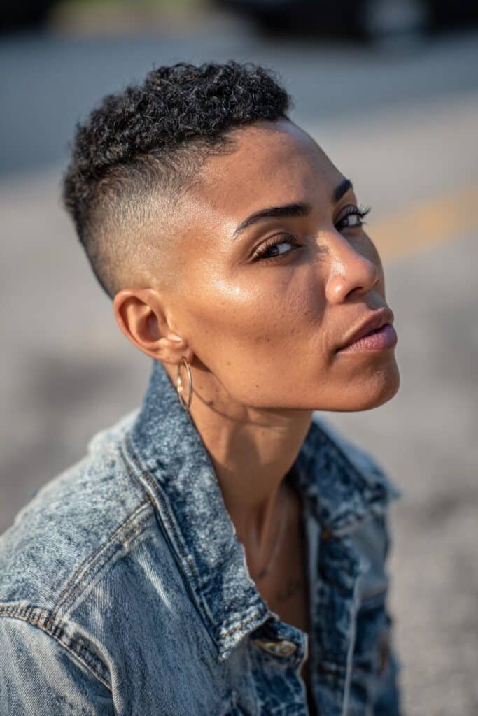 Black woman with low fade and natural texture.