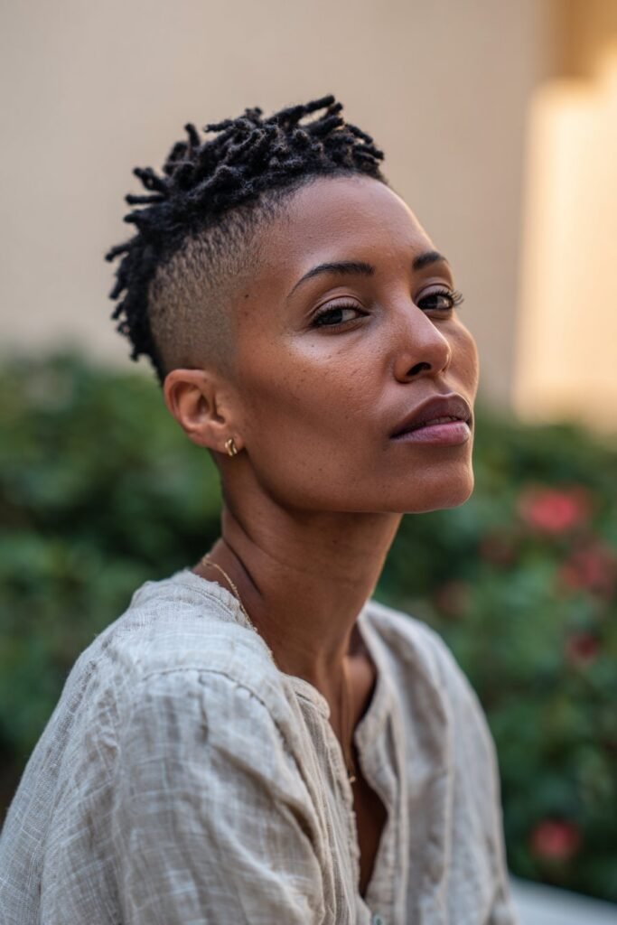Black woman with low loc fade and starter locs.