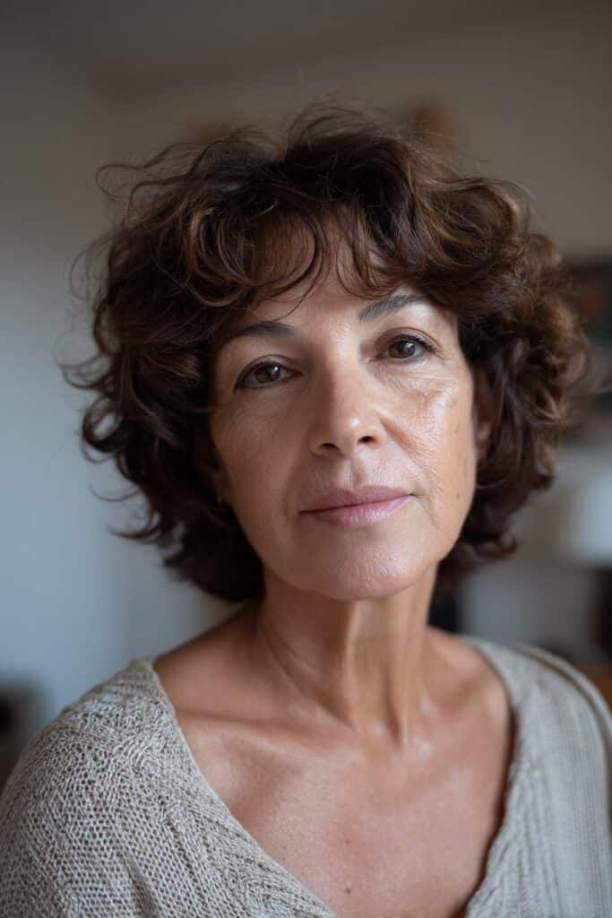 Woman over 50 with low-maintenance medium shag and natural texture.