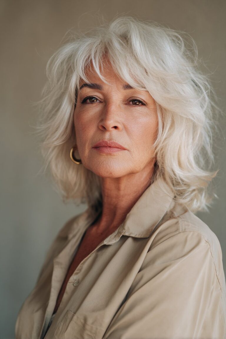 Woman over 50 with modern 70s shag, voluminous medium layers.