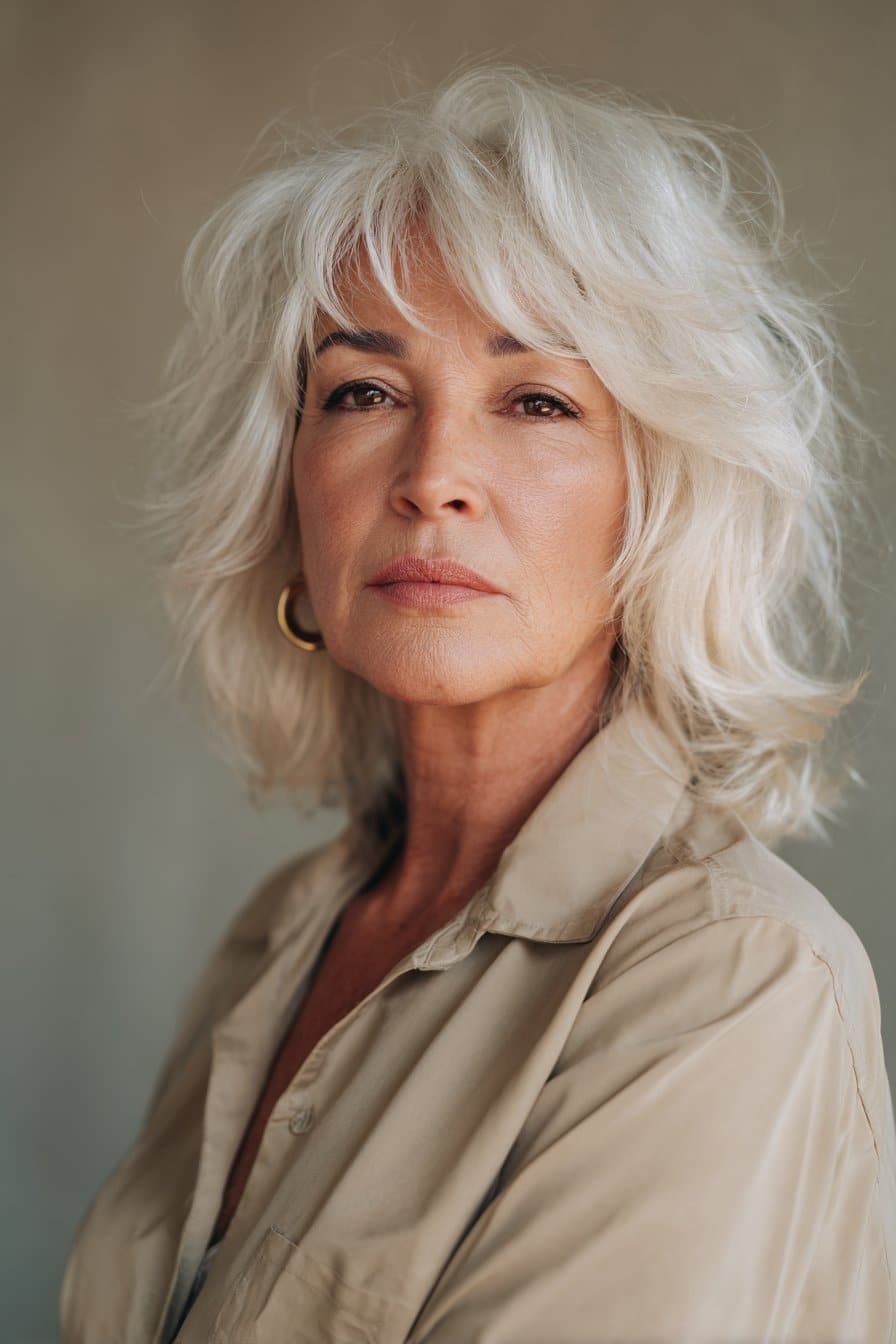 Woman over 50 with modern 70s shag, voluminous medium layers.