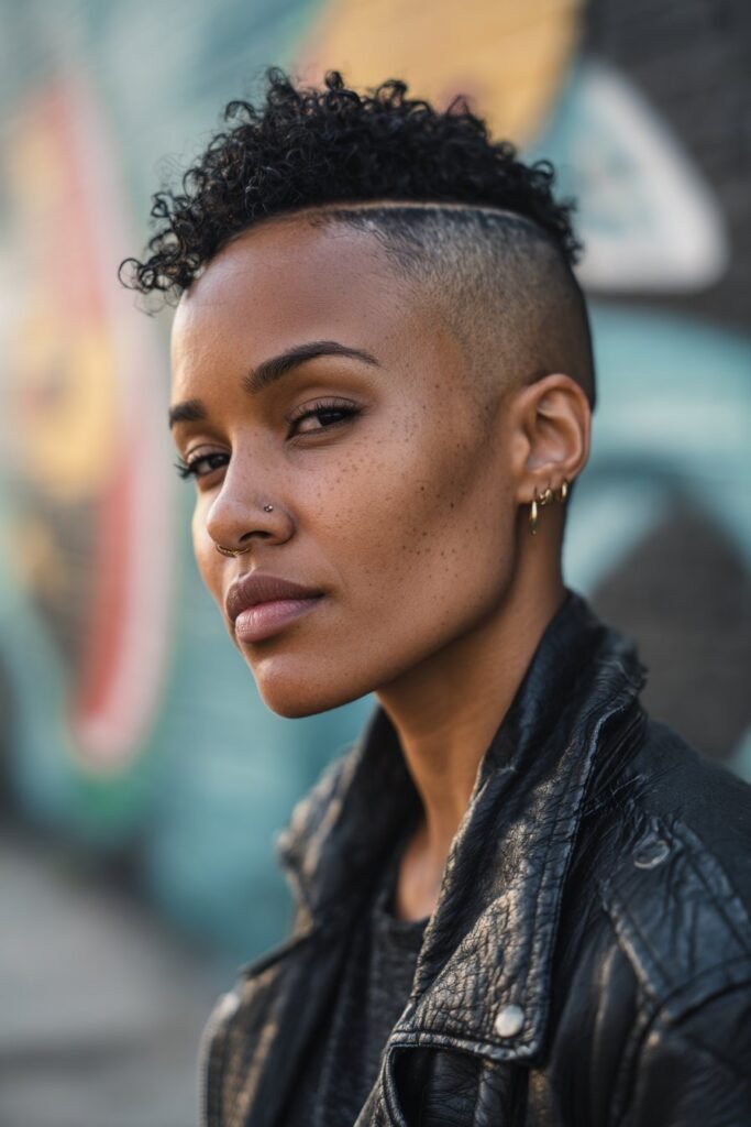 Black woman with mohawk fade and textured curls.