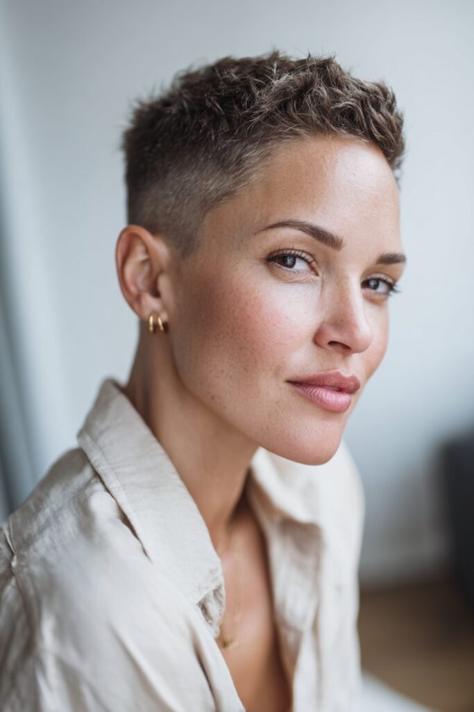 Black woman with short pixie cut and tapered sides.