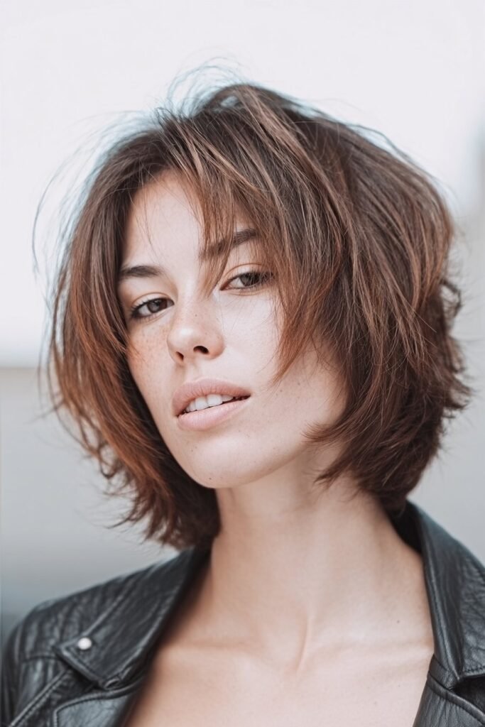 Razored layered haircut for wavy hair with edgy textured ends