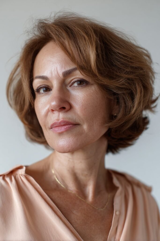Woman over 50 with rounded bob adding fullness to thick hair.