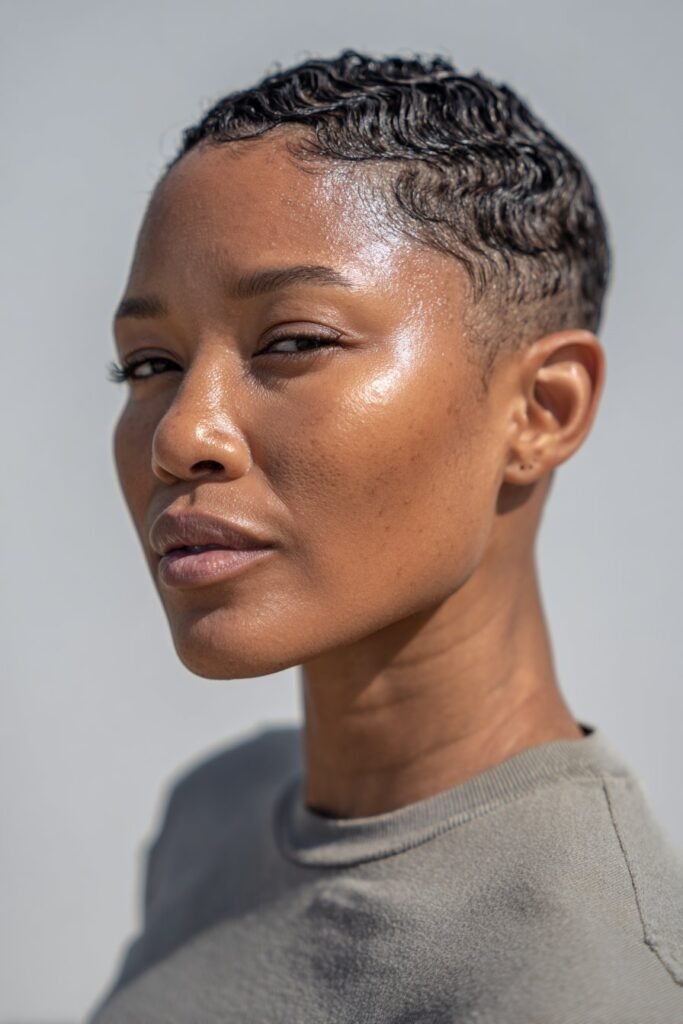 Black woman with sculpted waves low cut.