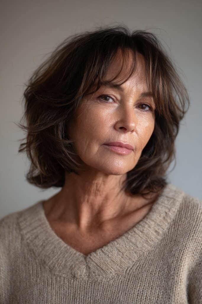 Woman over 50 with shaggy bob and soft layered volume.