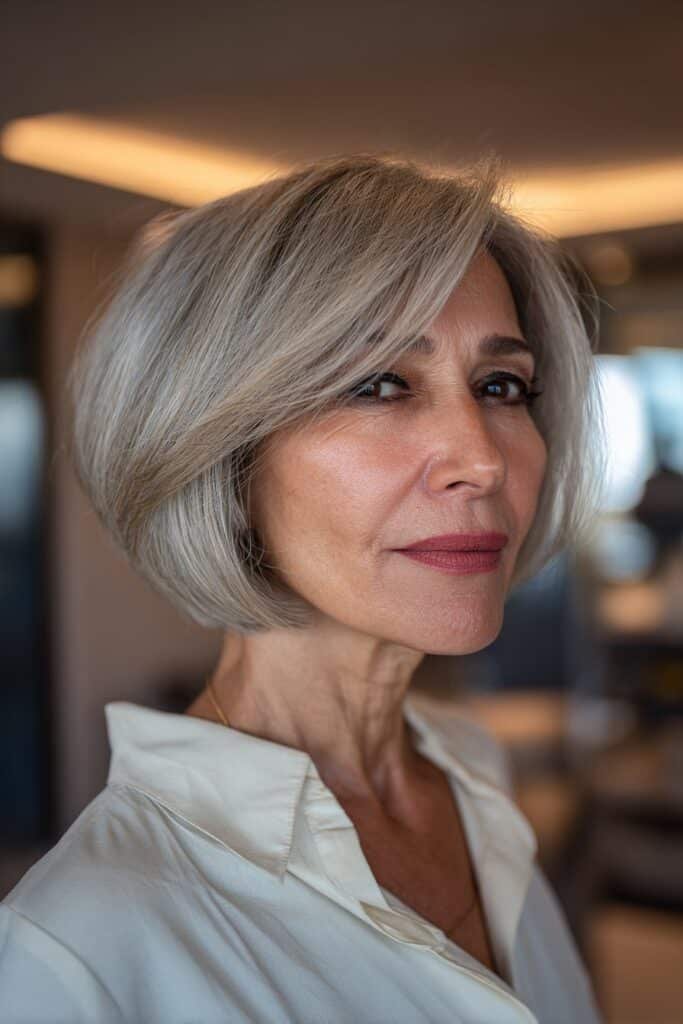 Woman over 50 with side-swept bob and deep part.