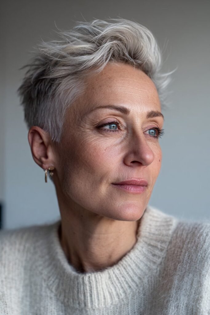Side-swept silver pixie haircut for older women with fine hair